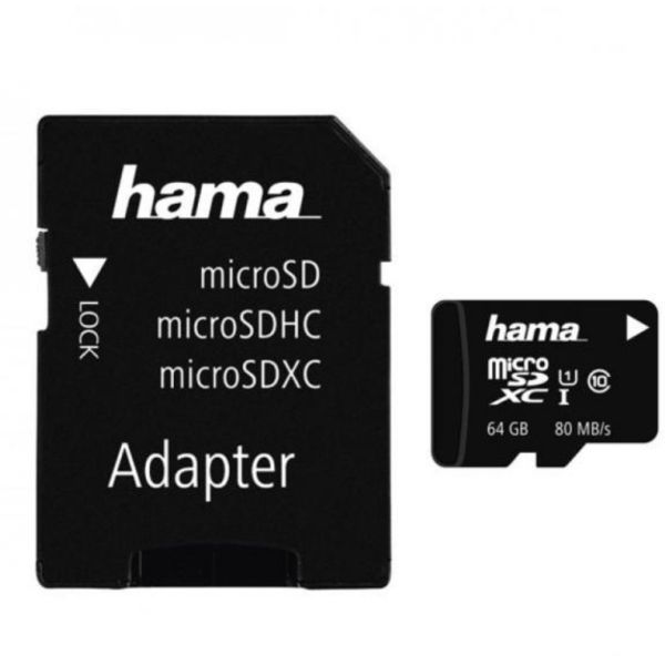 HAMA MICROSD KÁRTYA, 64GB, 80MB/S, CL10 (124140)